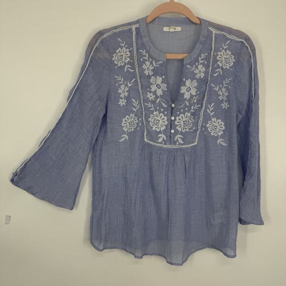 Maurices Sheer Crepe Embroidered Boho Tunic Size Medium Blue White Long Sleeve - Picture 10 of 10